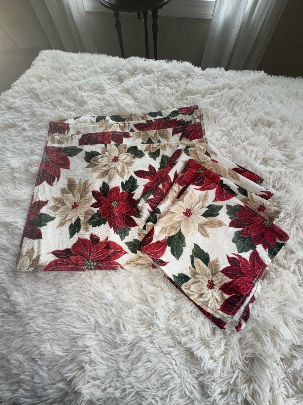 St. Nicholas Square Poinsettia Print Holiday Placemats and Napkins